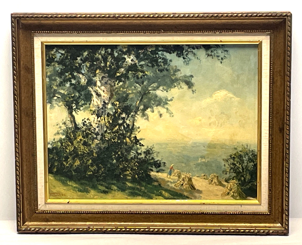 Vintage Signed Oil Painting on Wood Panel Harvest Landscape Impasto Framed 19.5"